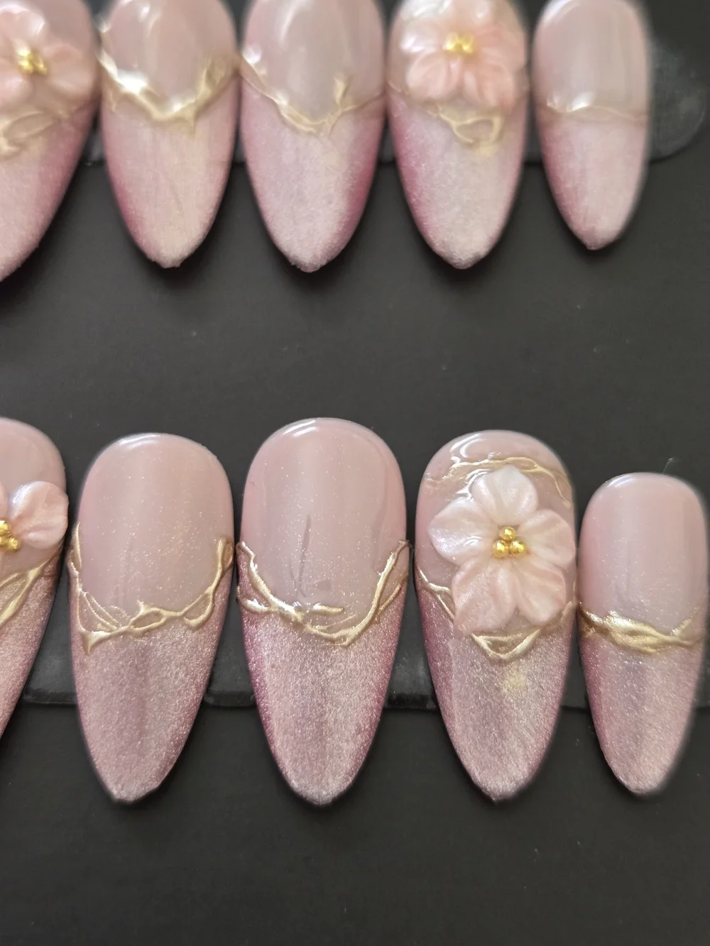 Hand Crafted Pink Floral Press-On Nails with Gold Detail